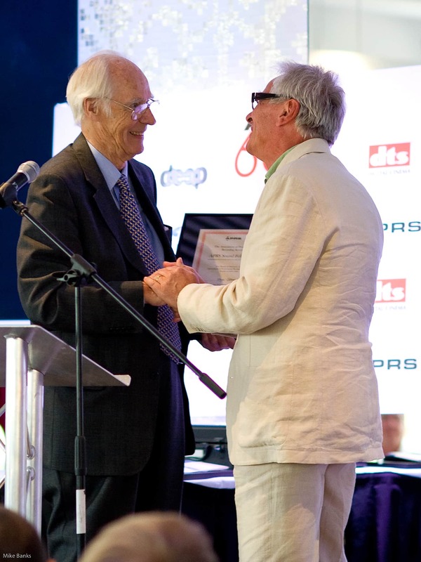 Sir George Martin presents an APRS Sound Fellowship award to Glyn Johns