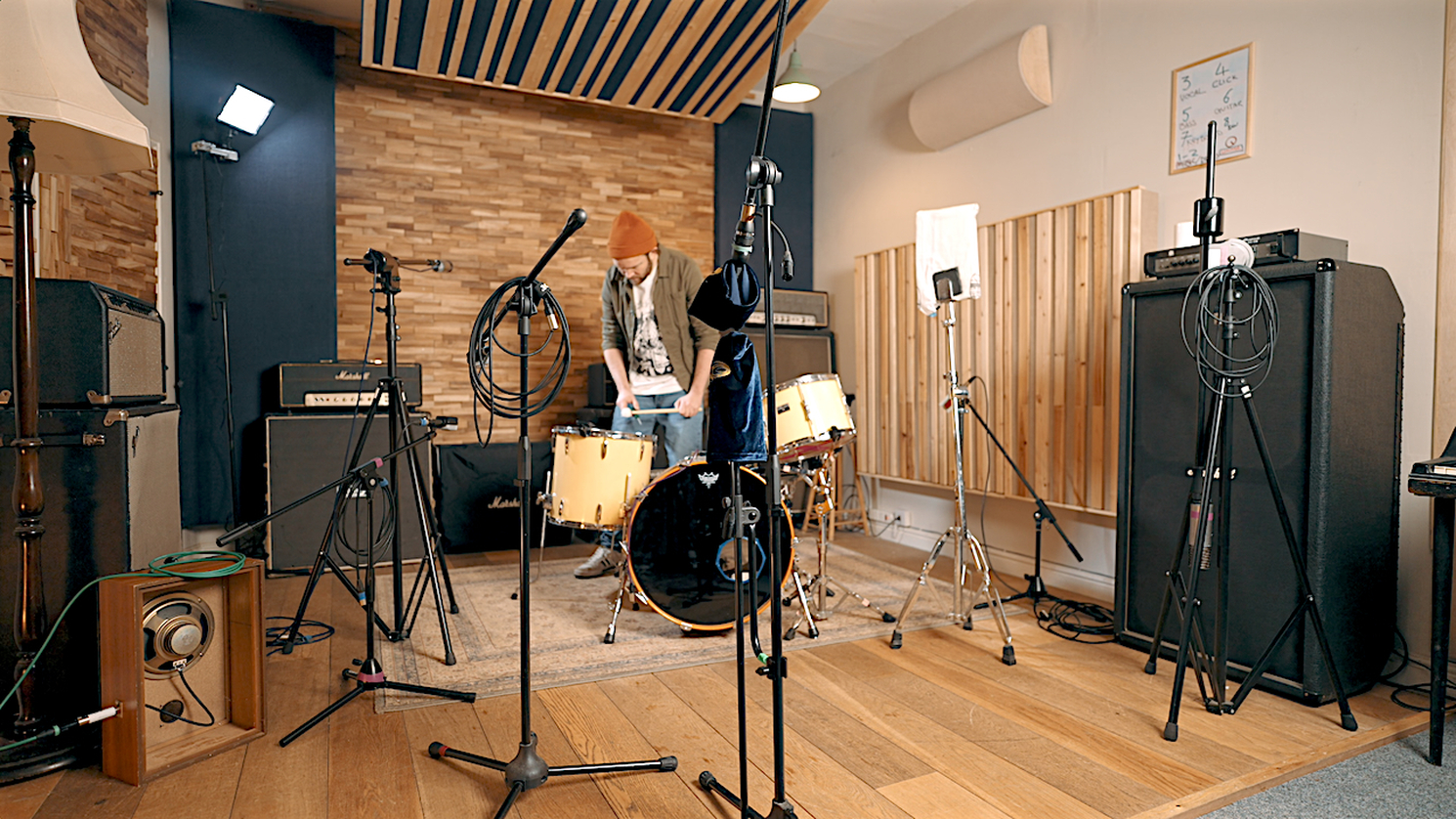 Recording Engineer Ben Turner shows off his drum recording methods