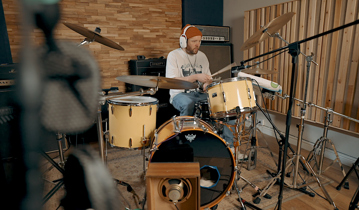 Recording Engineer Ben Turner shows off his drum recording methods